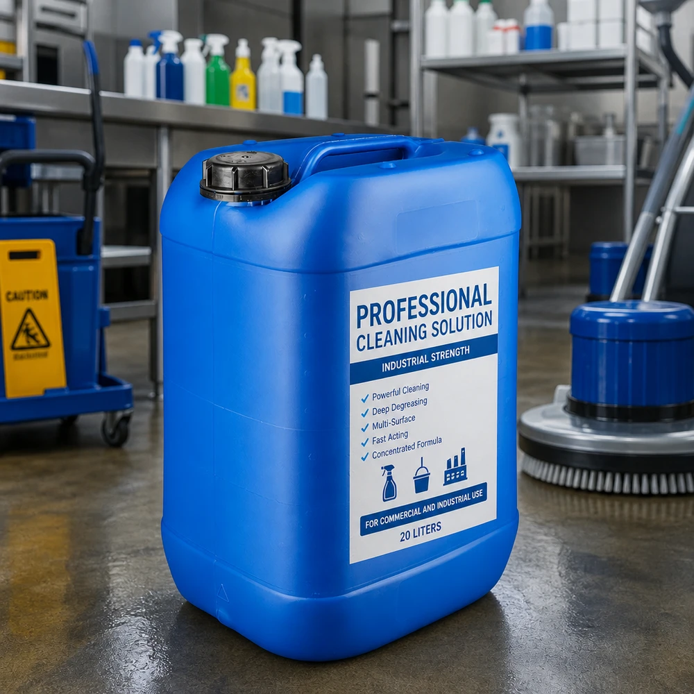 Bidón azul de 25 litros con tapón OV, lleno de una solución de limpieza industrial profesional
