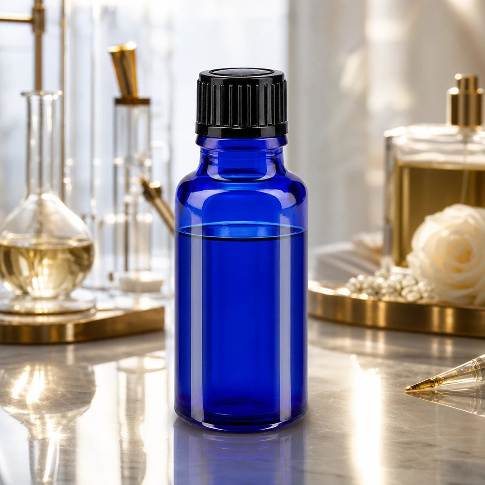 Botella de farmacia azul 20ml tapón rosca negro estándar Frasco de farmacia azul de cristal de 20 ml con tapón de rosca negro, en un entorno de laboratorio