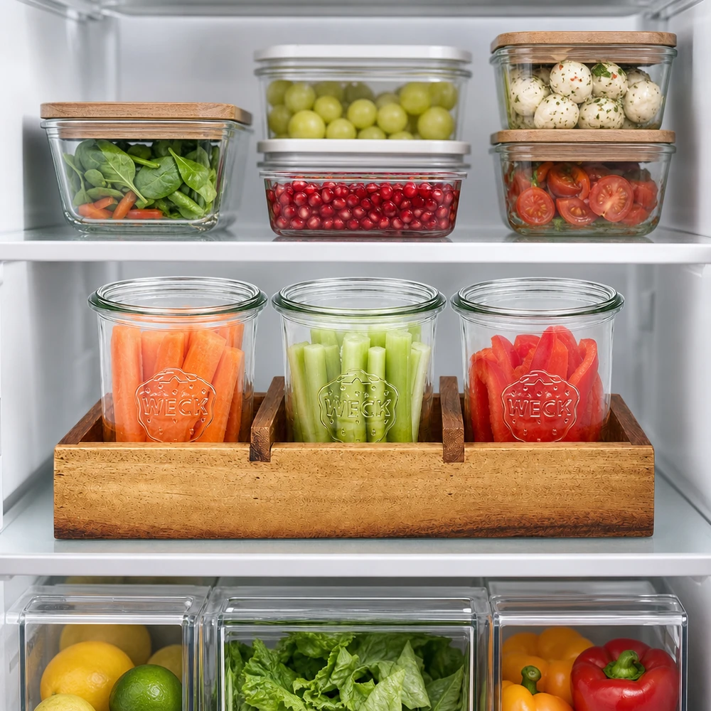 Tabla de madera de acacia Box3 tarros WECK Frigorífico organización Meal Prep almacenamiento de verduras alimentos frescos