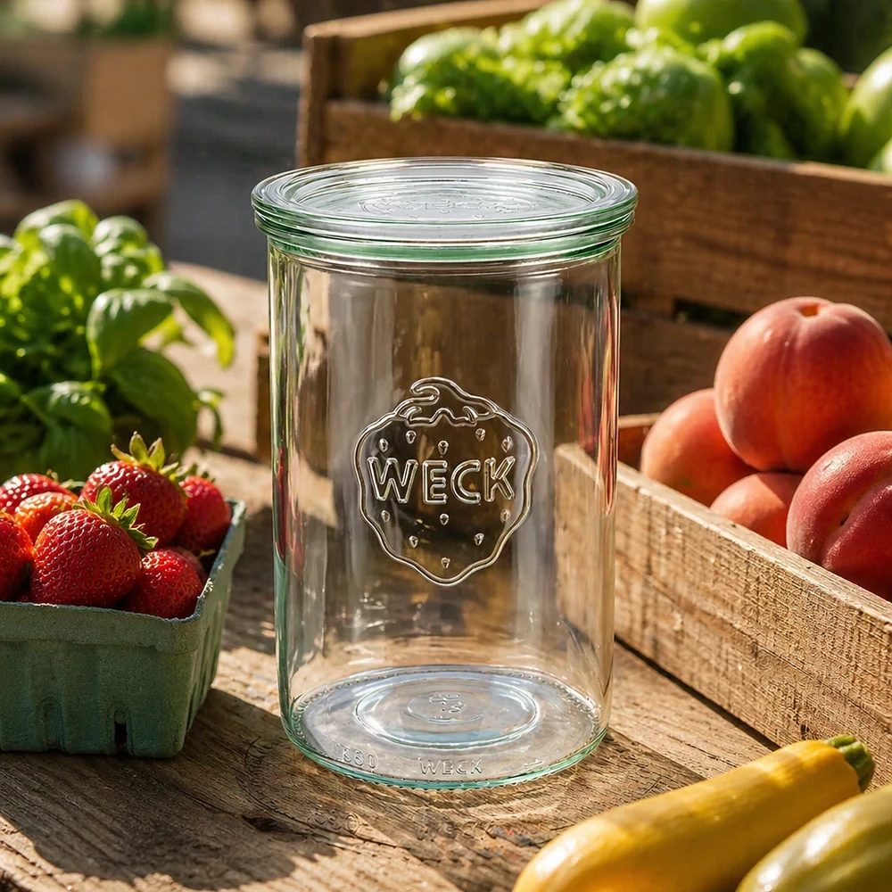 Vasos de 1000ml con tapa de cristal WECK RR100 Vasos WECK 1000ml RR100 vacíos al aire libre sobre una mesa de madera rodeados de frutas y verduras frescas en cajas de madera