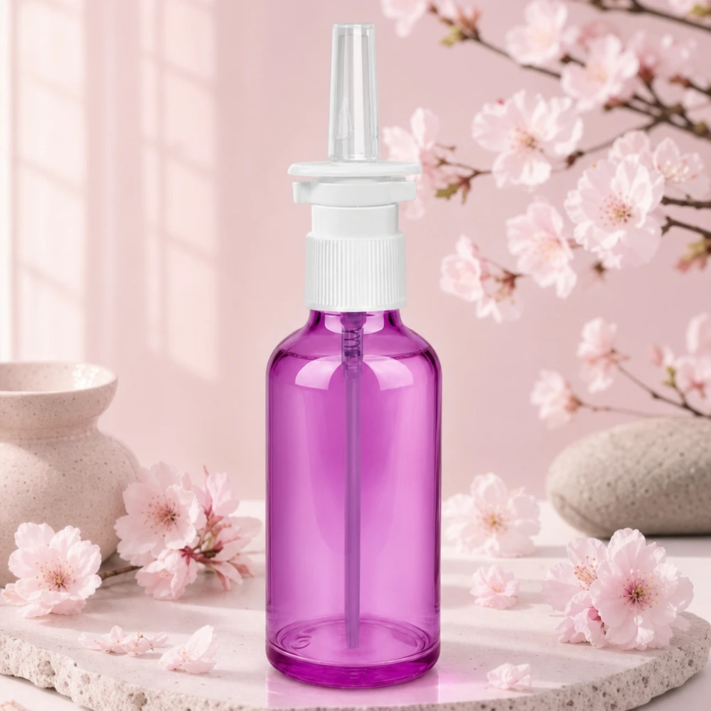 Pulverizador nasal de 50 ml de alta calidad con cabezal blanco en un atractivo color púrpura