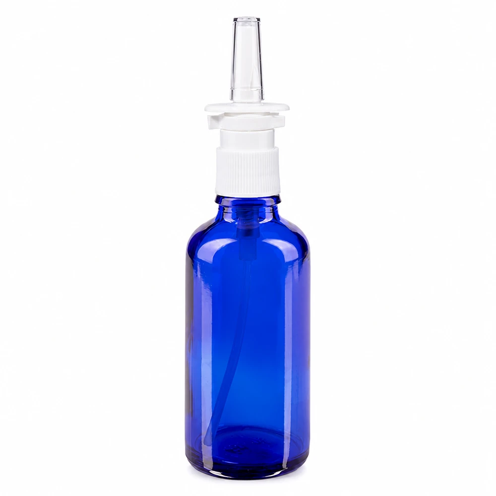 Frasco de cristal azul de 50 ml con aplicador nasal blanco y punta transparente para farmacias