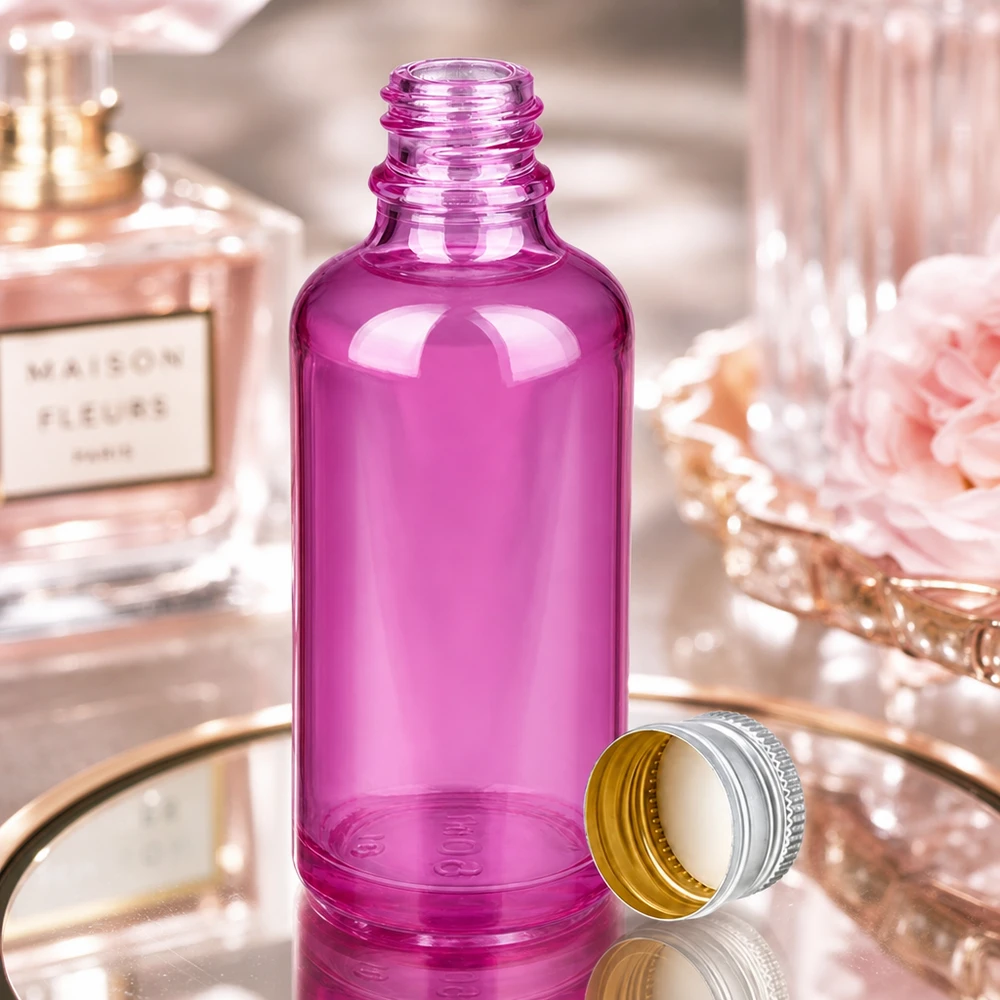Elegante frasco de cristal violeta de 50 ml con tapón de aluminio-plata de primera calidad para cosméticos de lujo