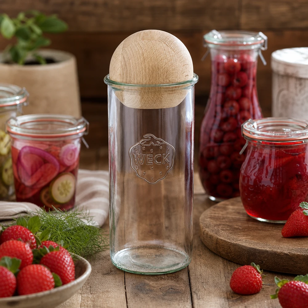 Vasos RR100 WECK de 1500 ml dispuestos decorativamente con tarros de mermelada y fresas frescas sobre una mesa de madera