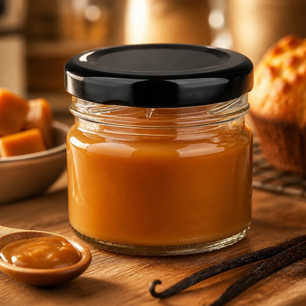 Frasco redondo de cristal de 33 ml + tapa BasicSeal negra UNiTWIST Crema de caramelo en un frasco redondo de cristal de 33 ml con tapa BasicSeal negra, junto a vainas de vainilla sobre madera