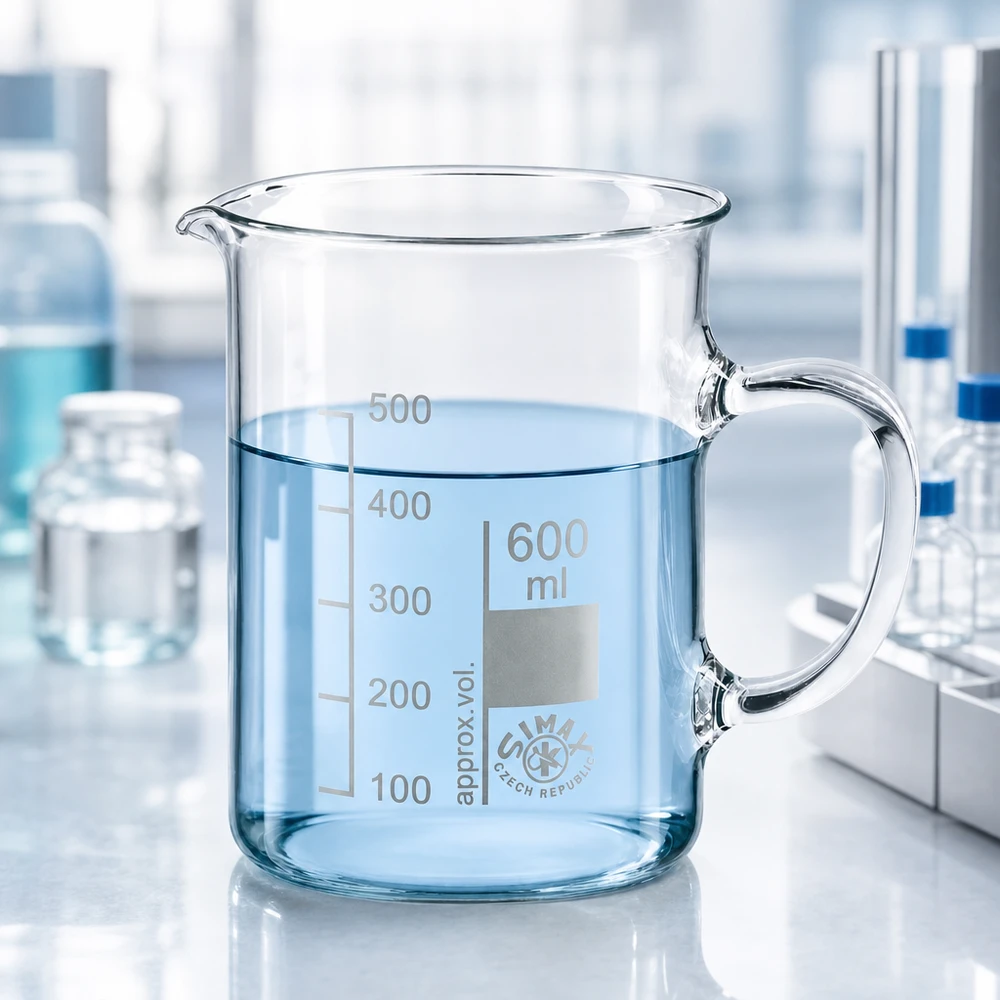 Vaso de cristal Simax de 600 ml con asa, fabricado en cristal de borosilicato transparente y lleno hasta la mitad de agua