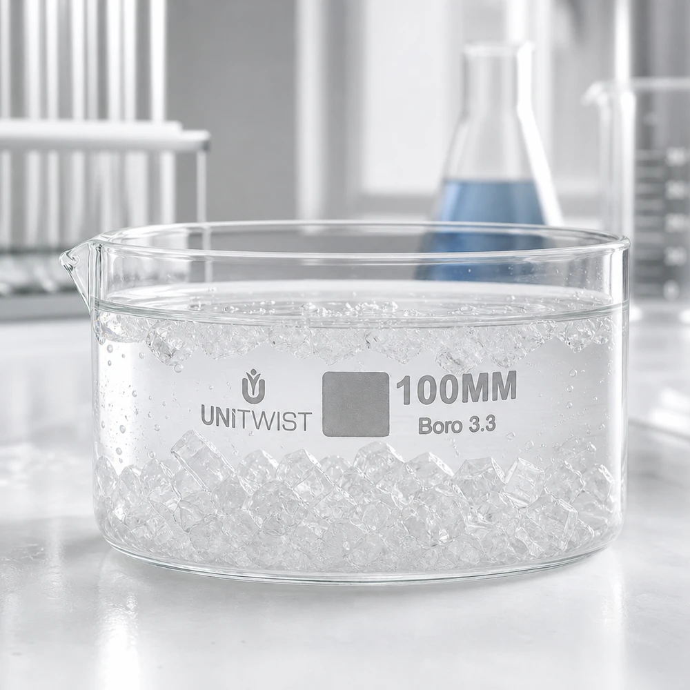 Recipiente de cristalización UNiTWIST de 100 mm, lleno de cubitos de hielo, de vidrio borosilicato transparente para laboratorio