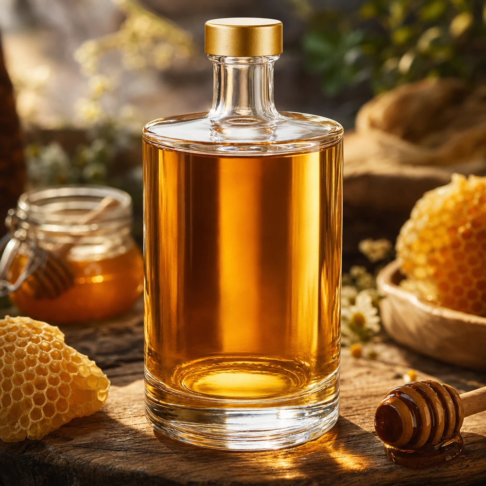 Botella de vidrio de 500 ml «Sam» + tapón de rosca dorado UNiTWIST® Glasflasche Sam 500ml mit Honig befüllt rustikale Küchendeko Bienenwaben Honiglöffel UNiTWIST gold Verschluss