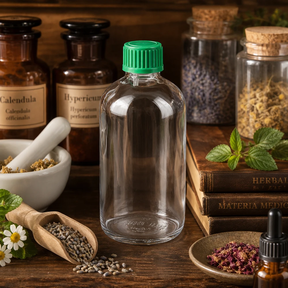 Botella cuentagotas de cristal transparente de 100 ml con tapón verde, para libros de hierbas y plantas medicinales