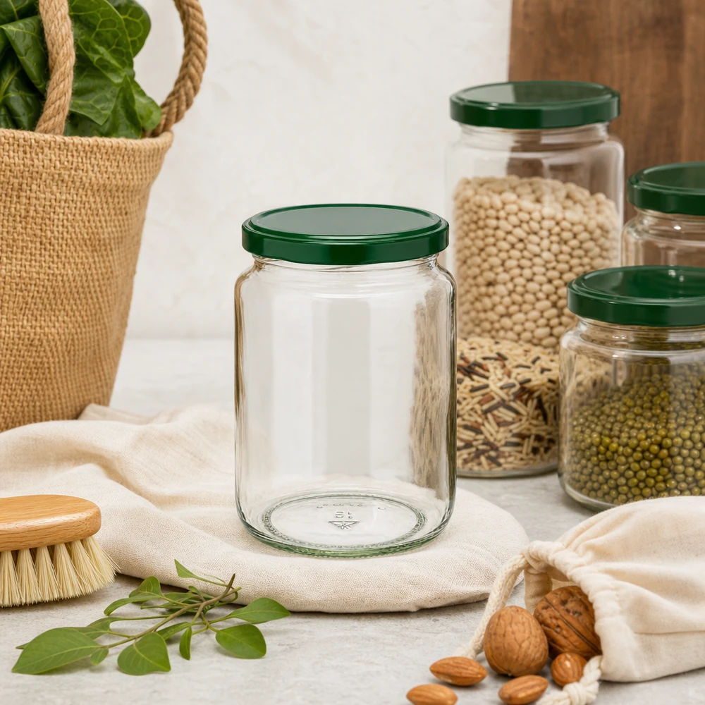 Tarro redondo 795ml + tapa BasicSeal verde UNiTWIST 795ml Rundglas UNiTWIST mit grünem Deckel in nachhaltiger Zero-Waste-Küche neben Nüssen und Hülsenfrüchten