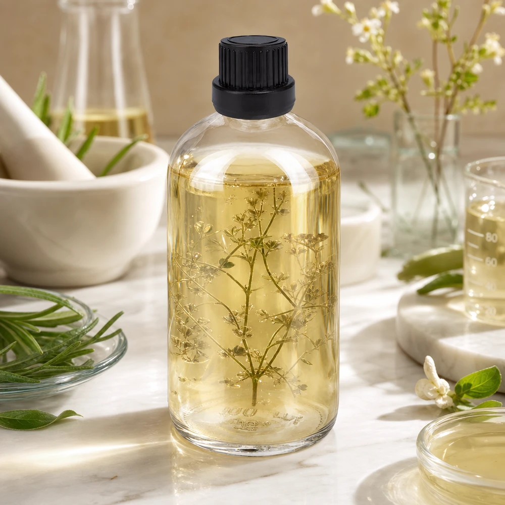 Infusión de aceite de hierbas en un frasco cuentagotas ClearLine UT18 de 100 ml con tapón negro a prueba de niños