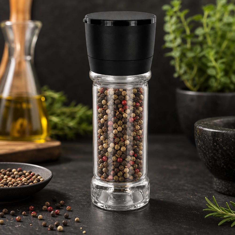 Frasco para especias de 100 ml con molinillo negro, lleno de granos de pimienta de colores sobre una superficie oscura