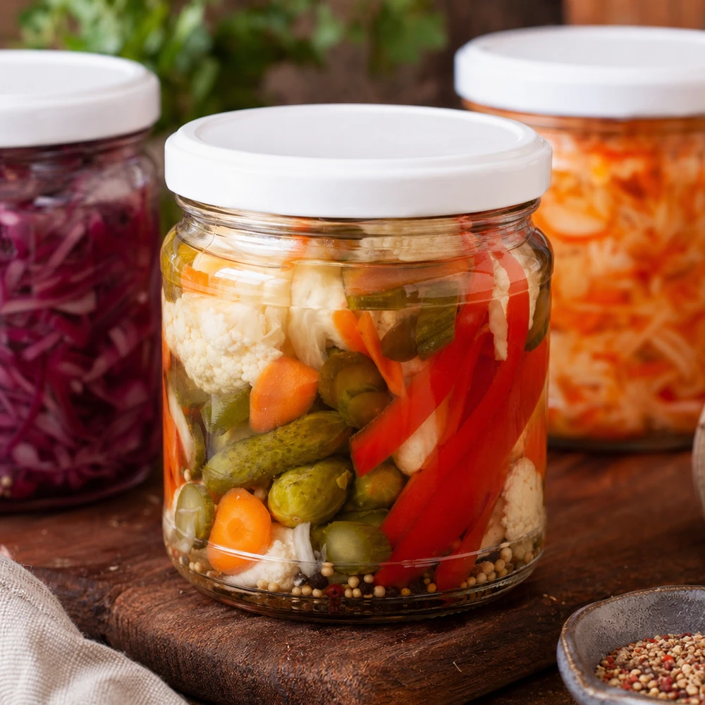 Tarro redondo de 212 ml con tapa BasicSeal lleno de verduras en escabeche - pepinos, pimientos, coliflor y especias