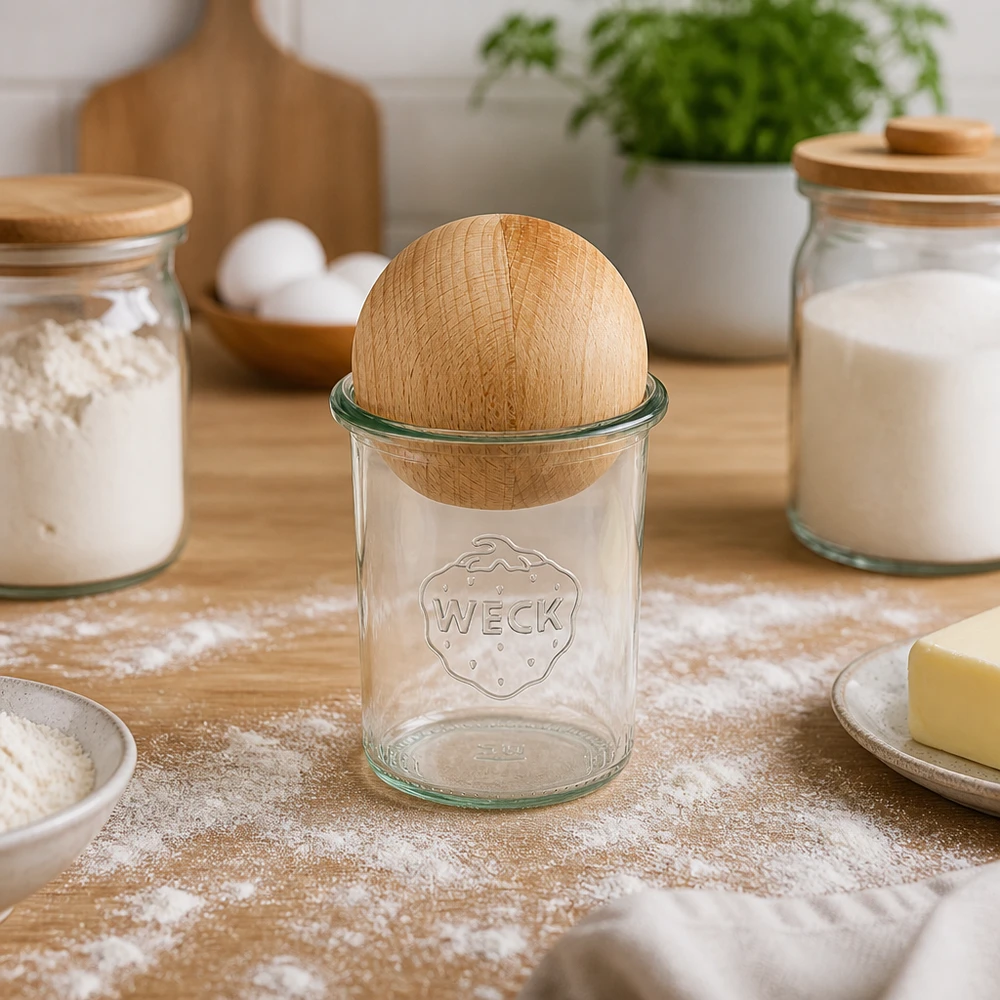 Vasos de 160ml WECK RR60 con bola de madera de haya WECK RR60 Vasos de 160 ml con tapón de bola de haya dispuestos entre los tarros de harina y los ingredientes de panadería en la cocina de la panadería.