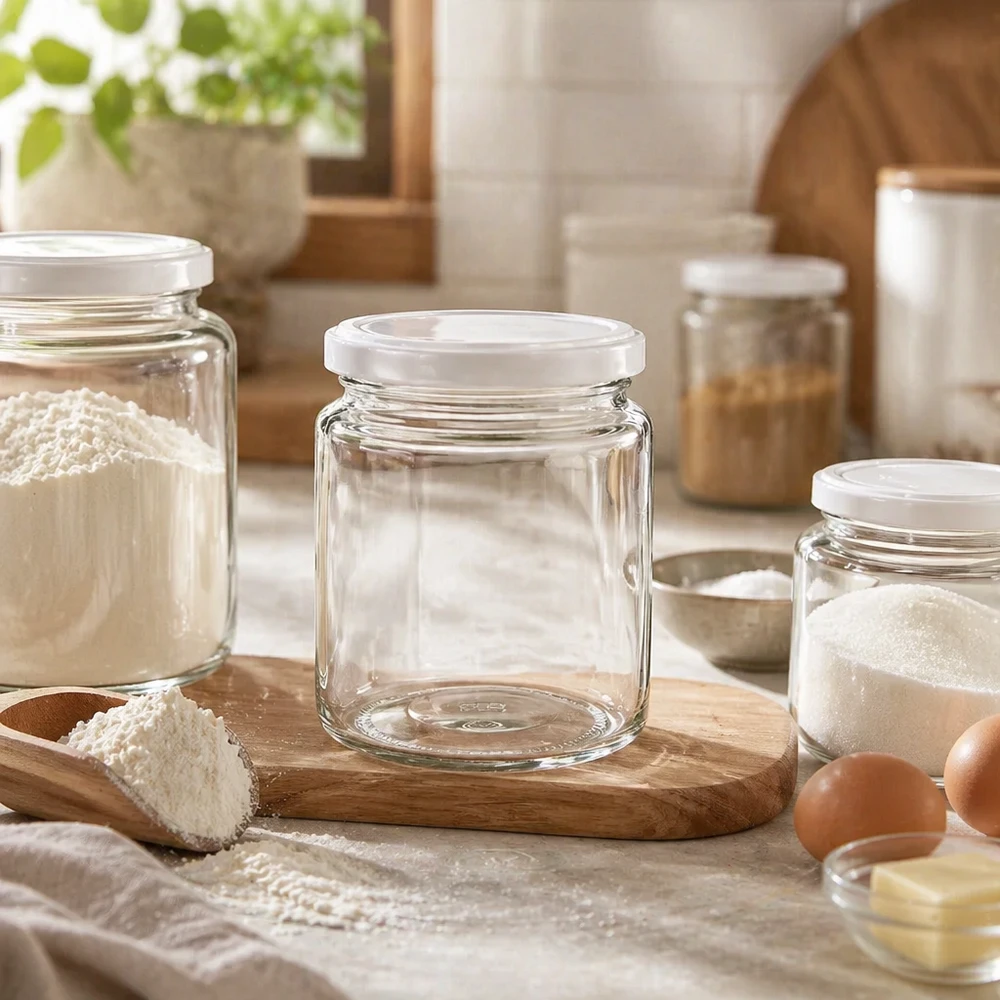Tarro de miel vacío de 250ml con tapa blanca BasicSeal sobre tabla de madera en cocina rústica entre tarros de almacenaje.