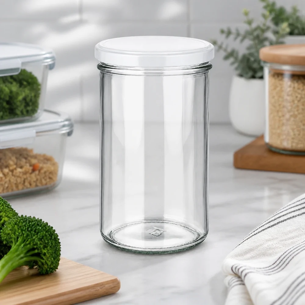 Vasos de 277ml con tapa BasicSeal blanco UNiTWIST 277ml Einmachglas in moderner Küchenumgebung mit Gemüse und Vorratsgläsern - vielseitig für Meal Prep und Aufbewahrung