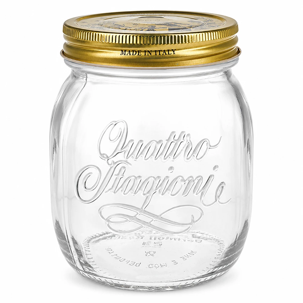 Tarro redondo "Quattro Stagioni" de 700 ml con tapa Tarro redondo de 700 ml Quattro Stagioni con tapa dorada Made in Italy tarro para conservas Diseño italiano vacío