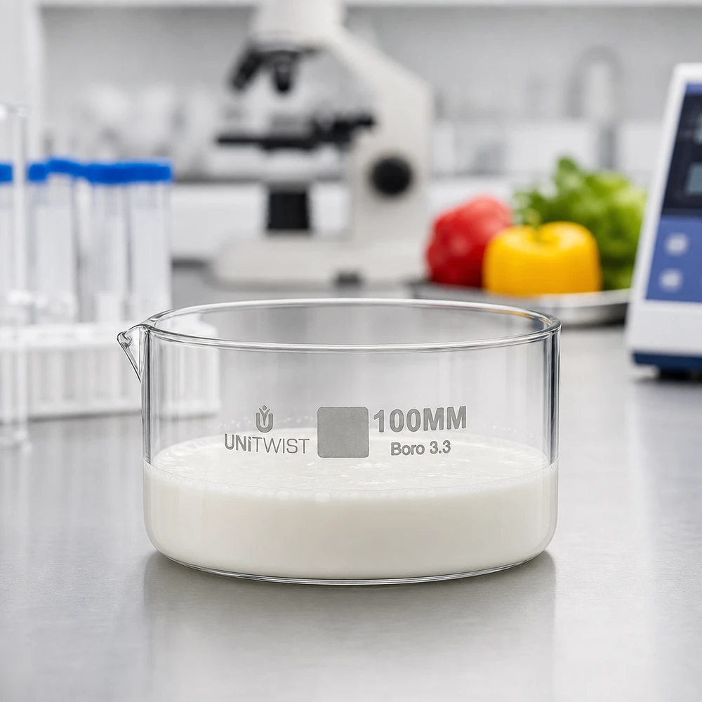 Cubeta de cristalización de 100 mm UNiTWIST, llena de una sustancia blanca. Laboratorio alimentario. Vidrio borosilicato.