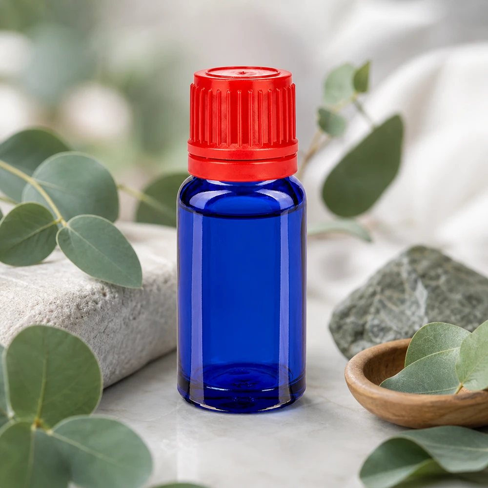 Frasco 10ml 11mm tapón rosca rojo con precinto BlueLine UT18/10 Frasco de vidrio de alta calidad de 10 ml en azul brillante con tapón de rosca rojo para un almacenamiento seguro