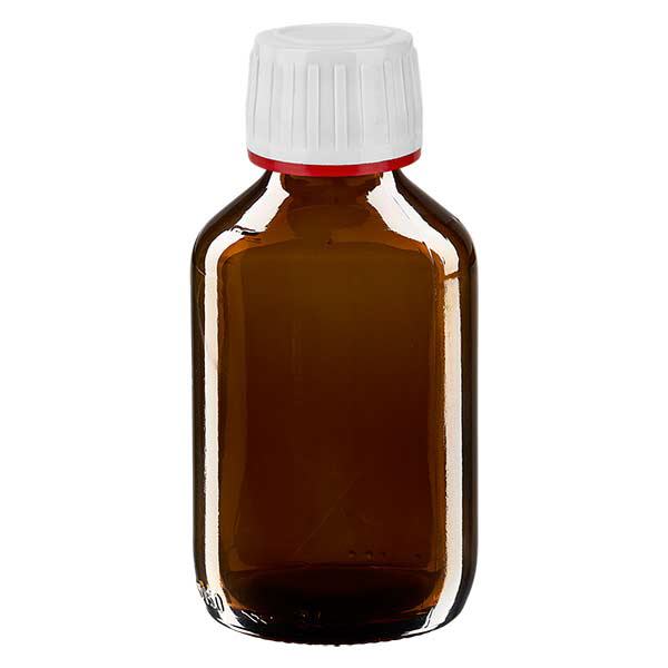 Frasco medicamento 150ml marrón, tapón blanco con precinto rojo ApoGlas Frasco medicamento 150ml marrón, tapón blanco con precinto rojo ApoGlas