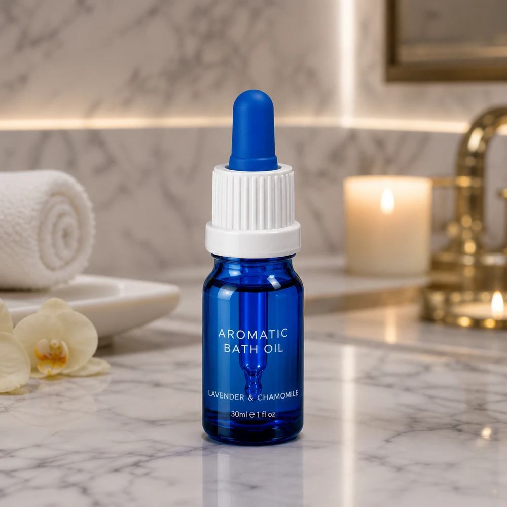 Elegante frasco pipeta BlueLine de 5 ml con tapón blanco para aceites y esencias de aromaterapia
