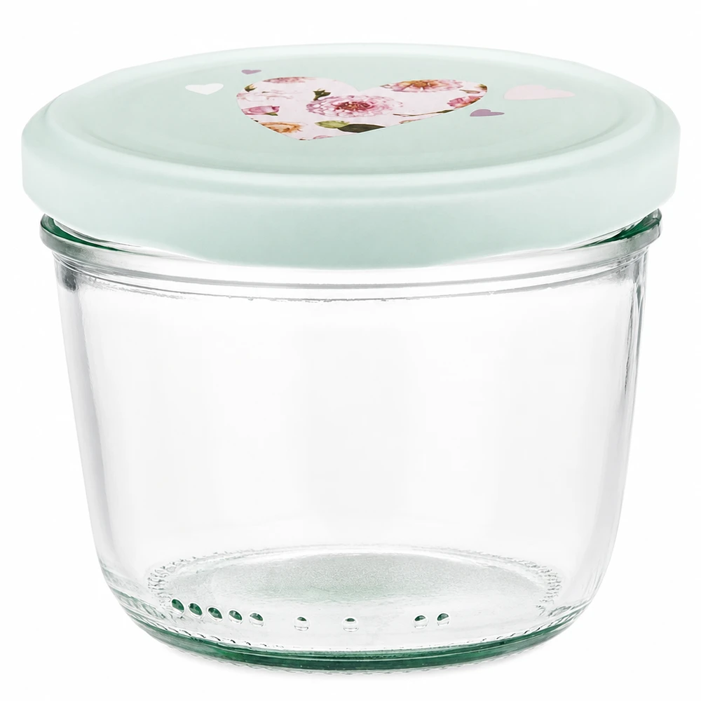 Vasos de 230 ml + tapa BasicSeal corazón menta UNiTWIST Vasos de 230 ml con tapa BasicSeal en color menta con motivo de corazón, tarro de conserva vacío para mermelada y conservas