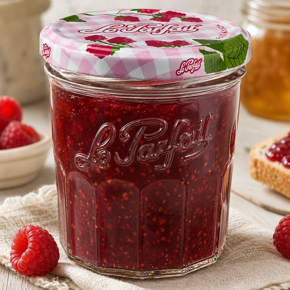 Le Parfait® Jam 324 ml Ø82 mm tarro mermelada Gefülltes 324ml Le Parfait Sturzglas mit Himbeermarmelade und dekorativem Schraubdeckel in gemütlicher Küche