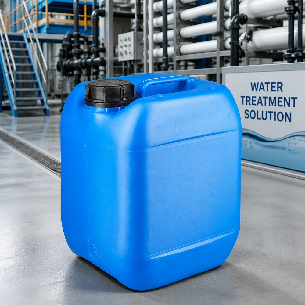 Bidón para el tratamiento del agua de 5 litros, azul, con tapón de rosca OV, en una planta de tratamiento de agua