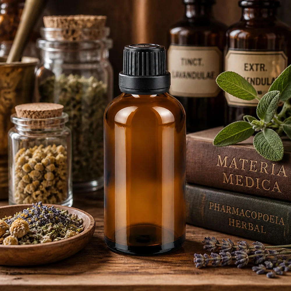 Frasco de farmacia marrón de 50 ml entre libros de Materia Médica y hierbas secas sobre una mesa de madera