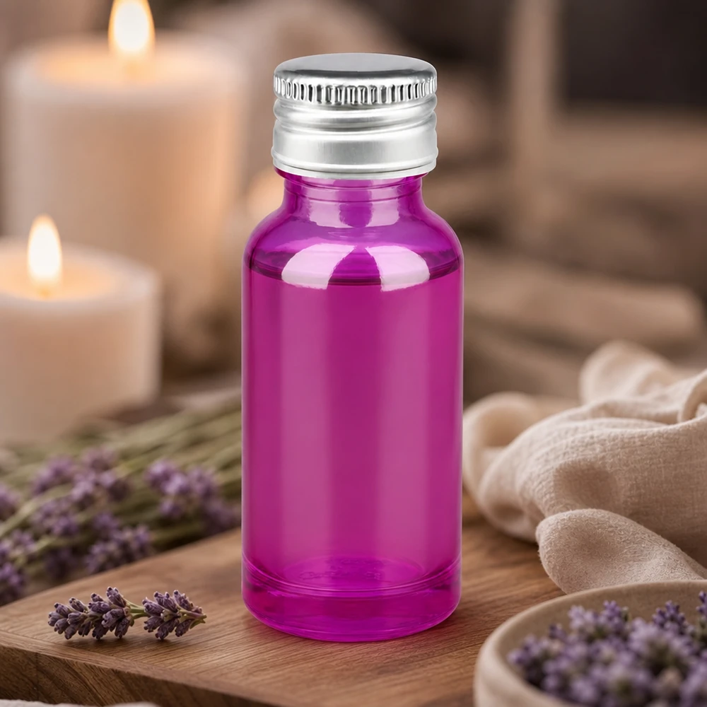 Frasco de vidrio de 20 ml de alta calidad en color morado con protección UV y tapa de aluminio plateada