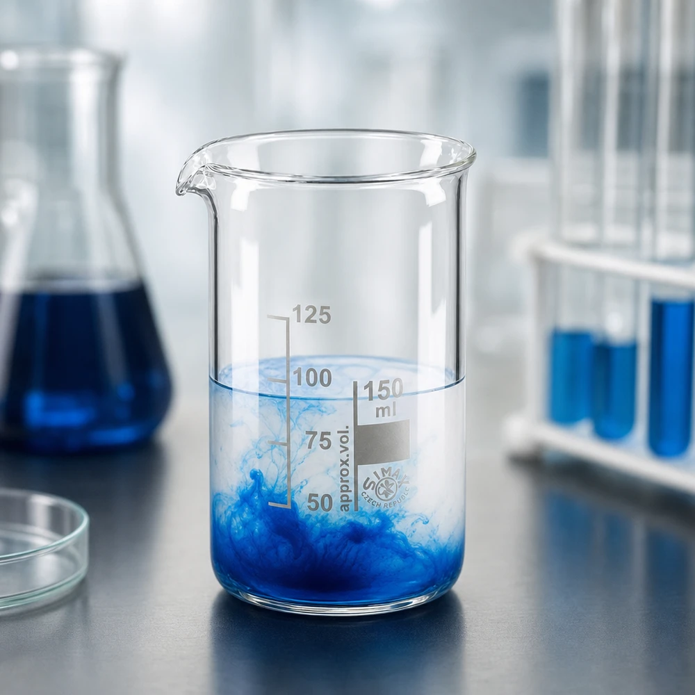 Vaso de vidrio de borosilicato de 150 ml, forma alta Vaso de borosilicato de 150 ml, de forma alta, con una solución azul en un laboratorio químico