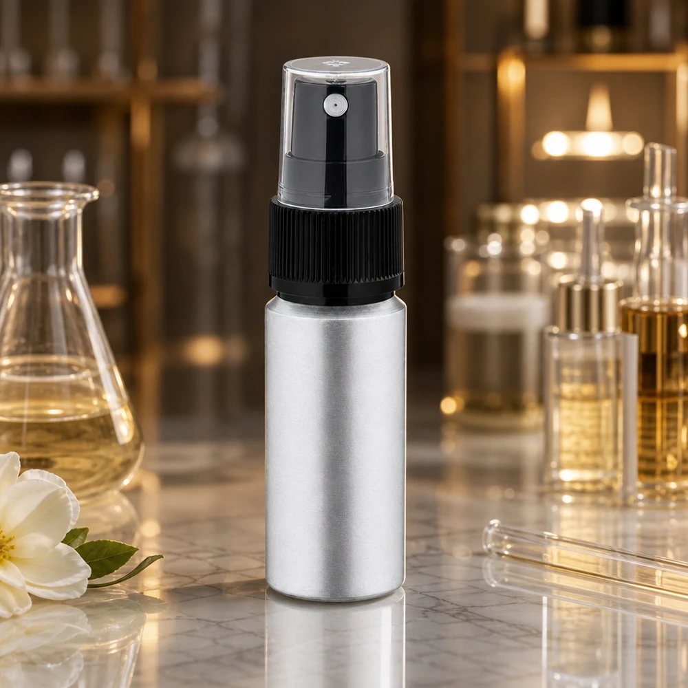 Elegante frasco de aluminio de 20 ml con cabezal pulverizador transparente para la producción de cosméticos profesionales
