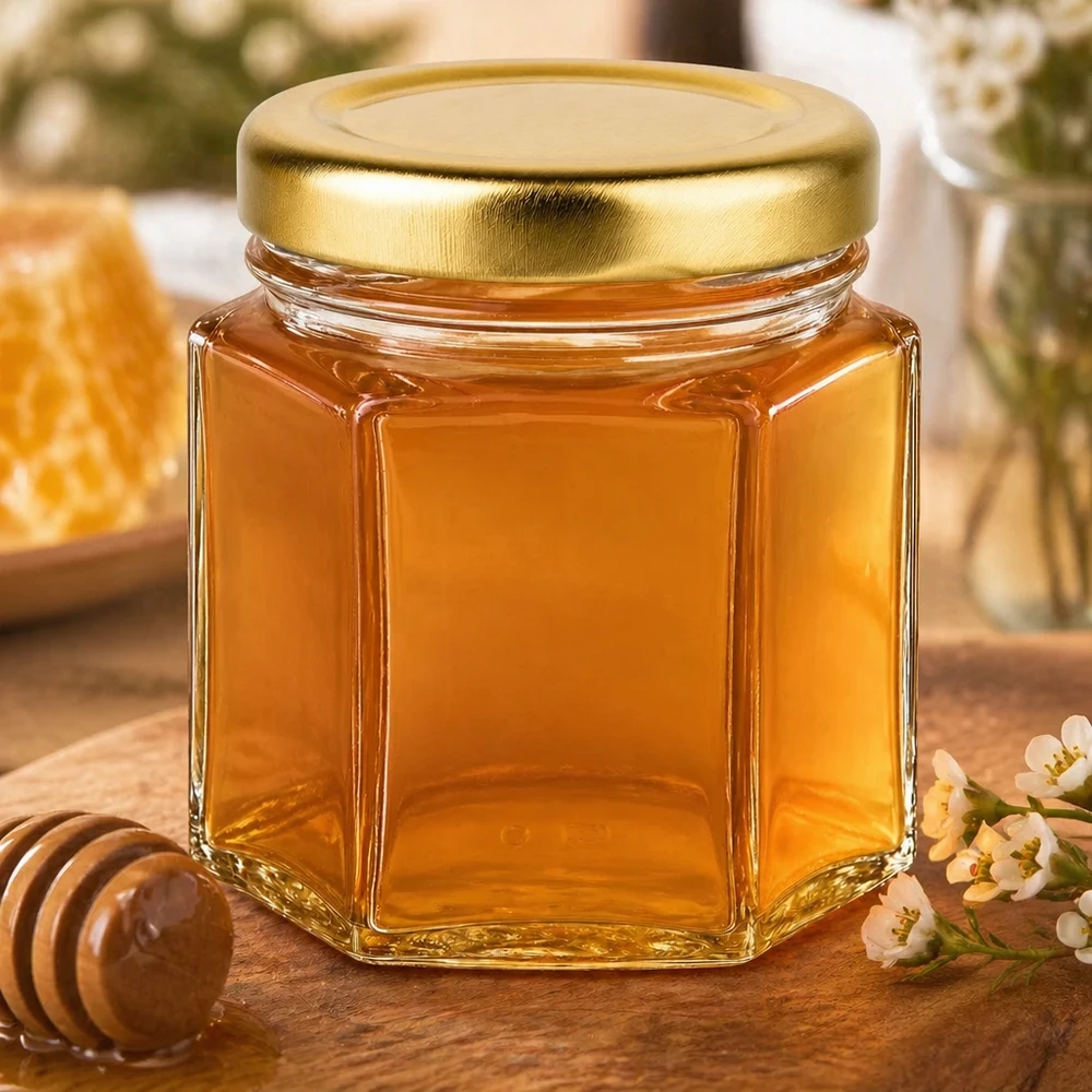 Tarro para miel de 60 g con tapa dorada BasicSeal UNiTWIST 60g Honigglas gefüllt mit goldenem Honig neben Holzlöffel und Blüten auf rustikalem Holztisch dekoriert