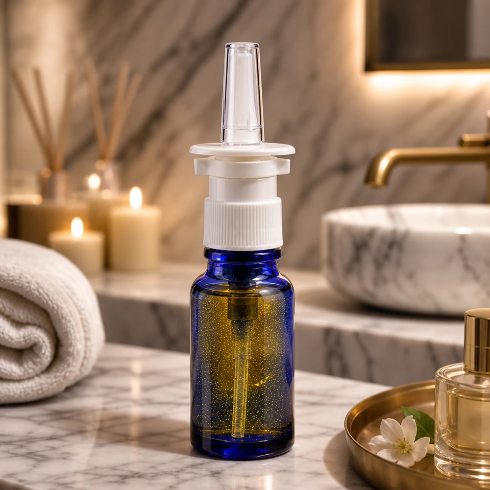Botella de farmacia azul 10ml spray nasal blanco estándar Pequeño frasco de 10 ml para spray nasal, de cristal azul de farmacia con dosificador blanco