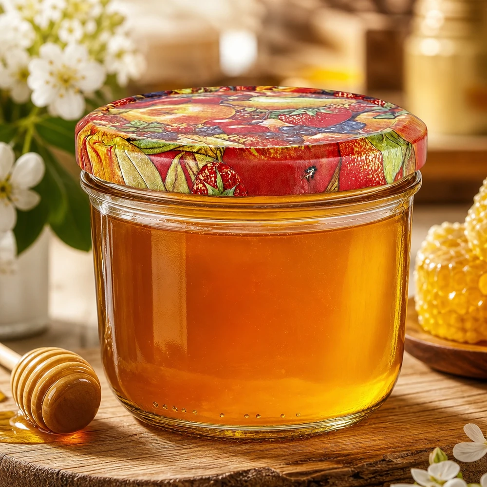 Vasos de 230 ml llenos de miel y tapa BasicSeal de colores con decoración frutal junto a cuchara de miel y panal de miel