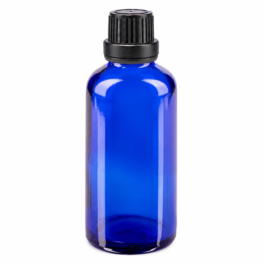 Frasco de farmacia de cristal azul de 50 ml con tapón de rosca negro de 11 mm