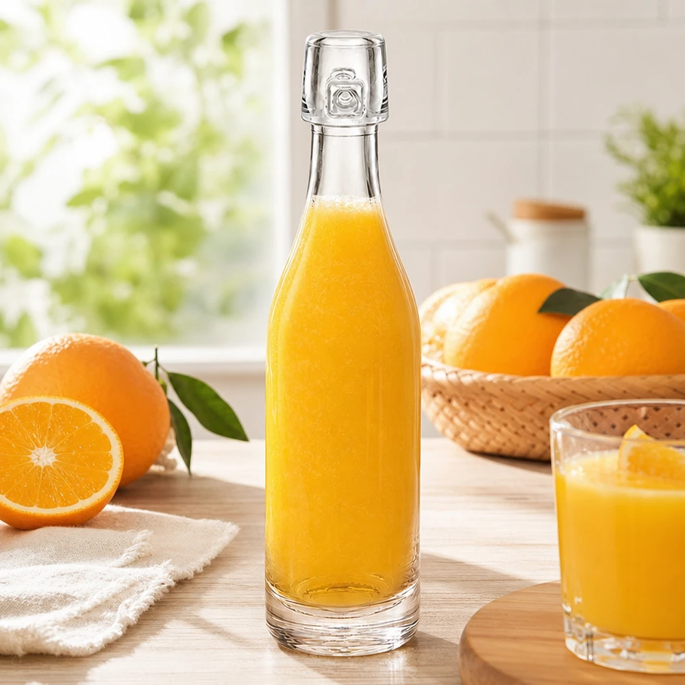 Botella de cristal de 50 ml UNiTWIST llena de zumo de naranja entre naranjas frescas luz brillante de la ventana de la cocina