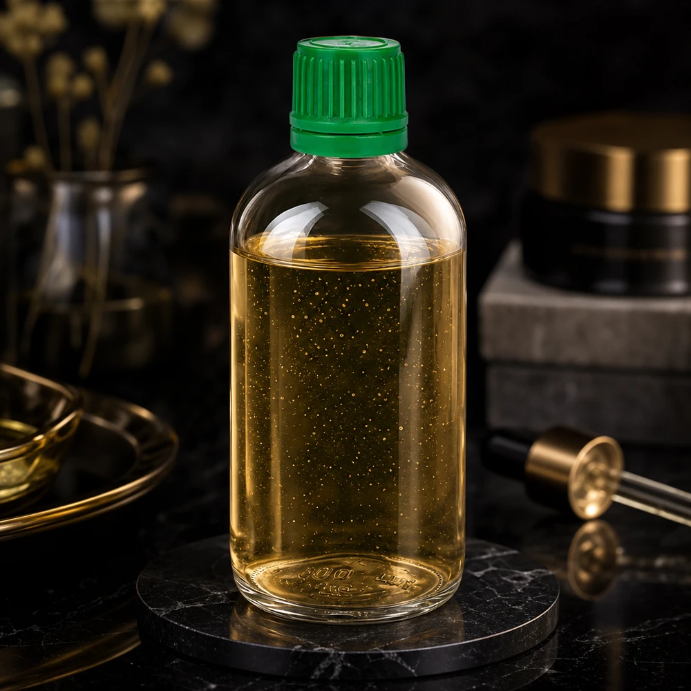 Aceite dorado con partículas brillantes en frasco de cristal de 100 ml ClearLine UT18 con tapón de rosca verde de 11 mm