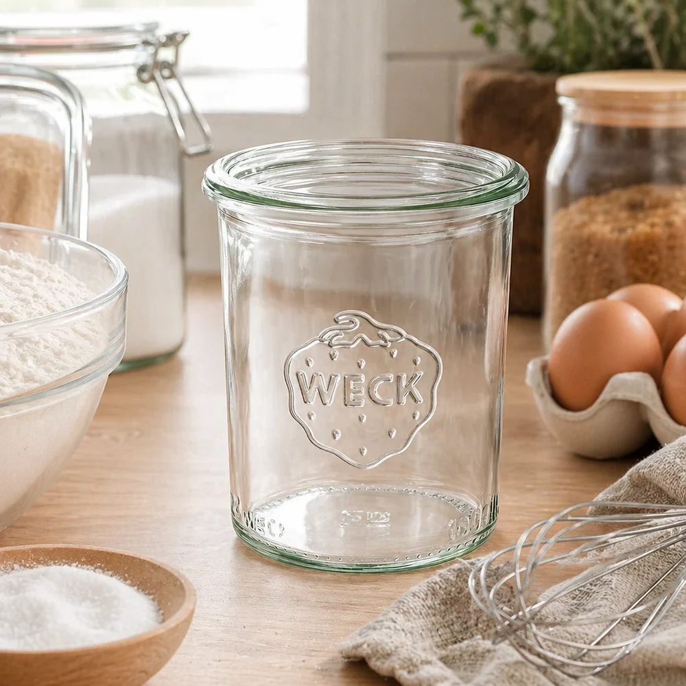 Tarro de conserva de 160ml WECK RR60 Tarro de cristal transparente WECK RR60 de 160 ml con logotipo en una cocina moderna junto a huevos e ingredientes de repostería