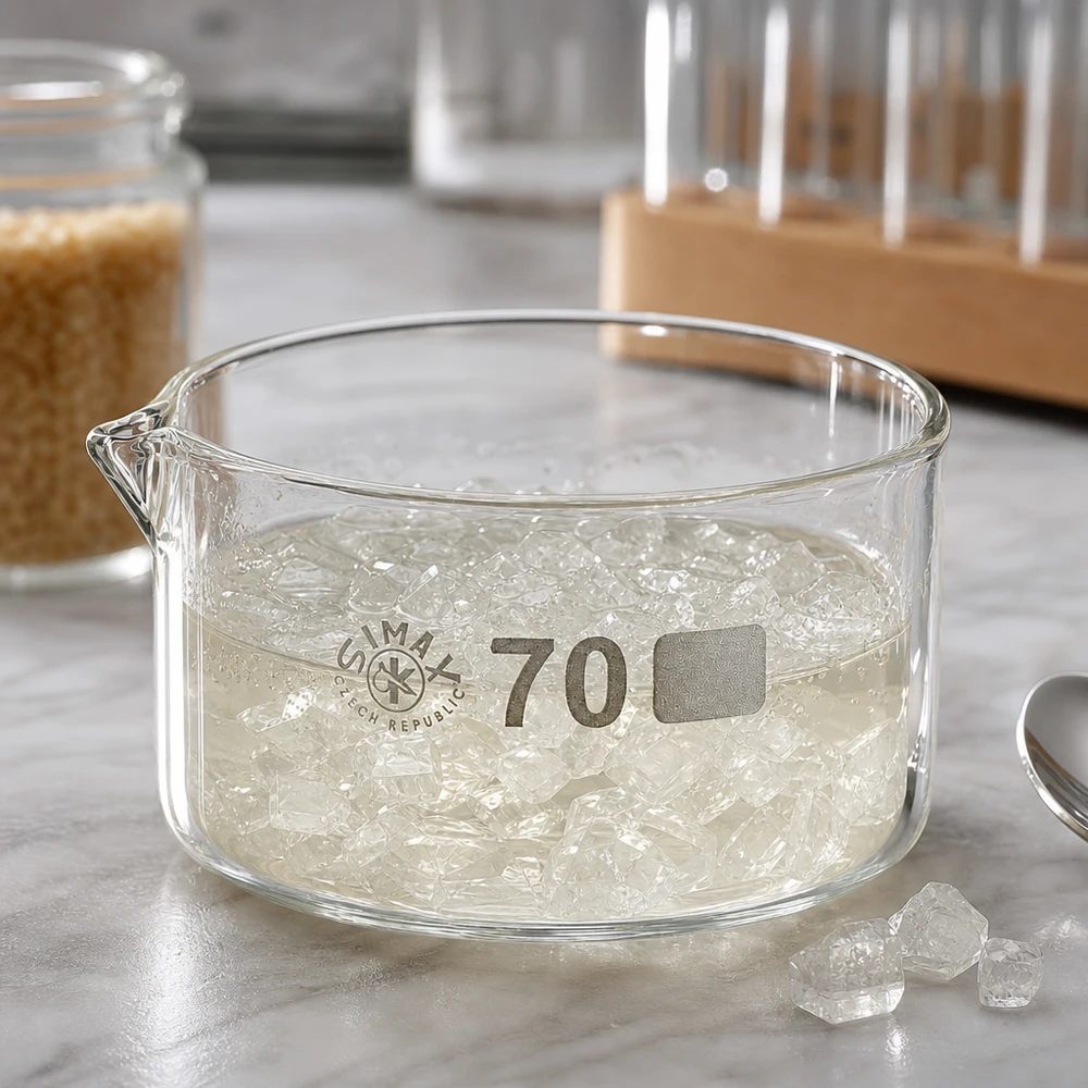 Cuenco plano Simax de 100 ml lleno de cubitos de hielo sobre una superficie de mármol, junto a unos tubos de ensayo
