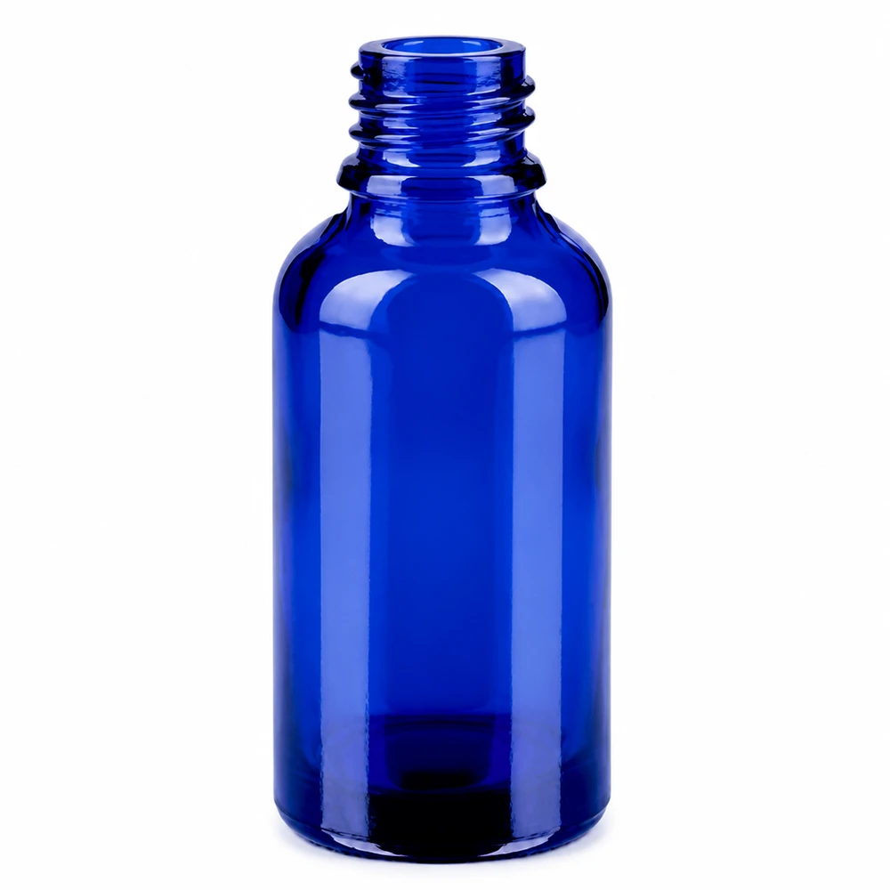 Frasco 30ml 11mm tapón rosca verde con precinto BlueLine UT18/30 Frasco de vidrio azul de 30 ml con abertura de 11 mm y tapón verde para aromaterapia