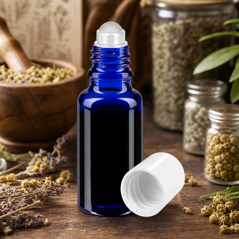 Botella de farmacia azul 20ml tapón roll-on blanco Frasco de cristal de farmacia azul de 20 ml con aplicador de bola y tapón de rosca blanco, entre la lavanda y las hierbas