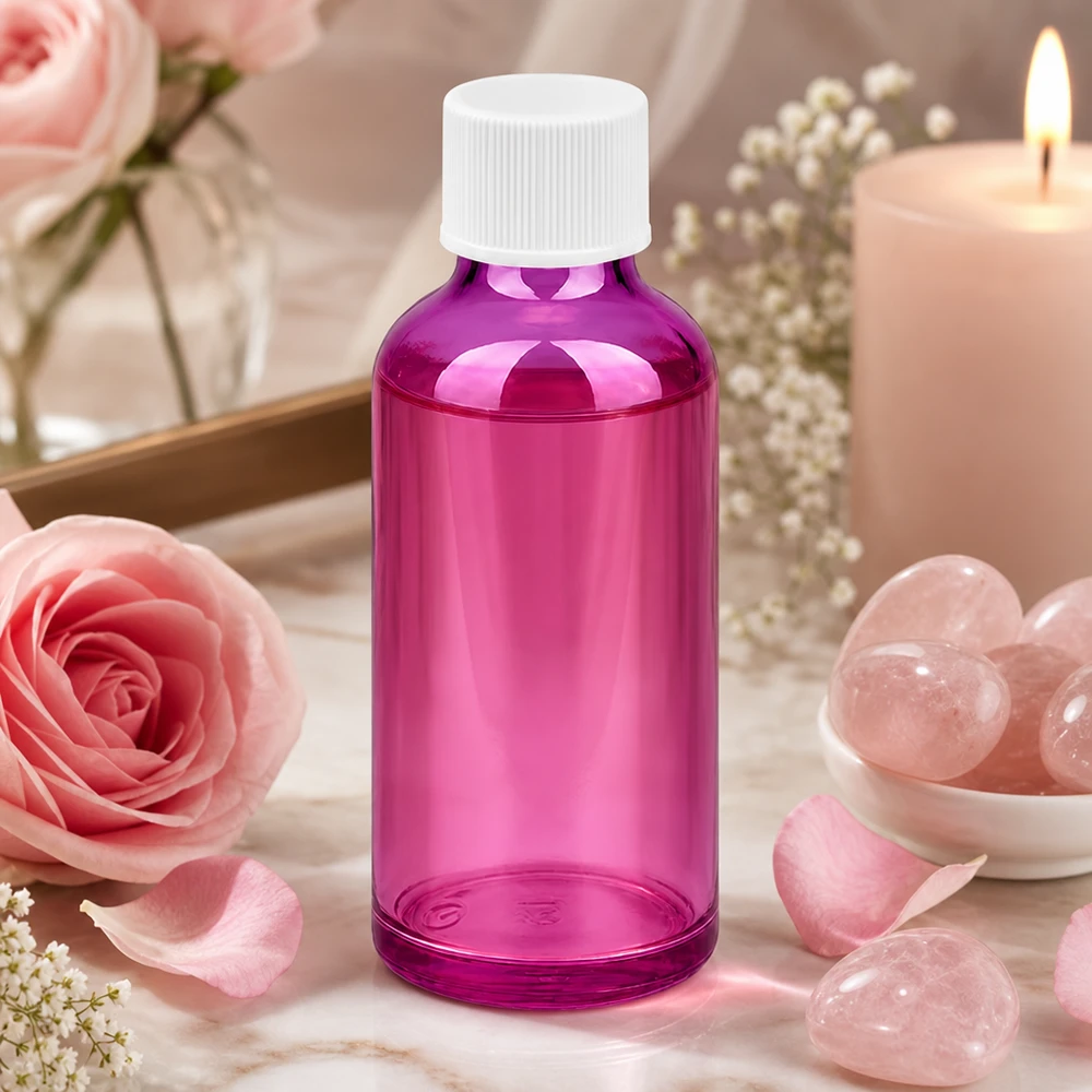 Frasco de 50 ml con tapón de rosca de 11 mm blanco estándar PurpleLine UT18/50 Frasco boticario de 50 ml en elegante vidrio violeta con práctico tapón de rosca para aromaterapia