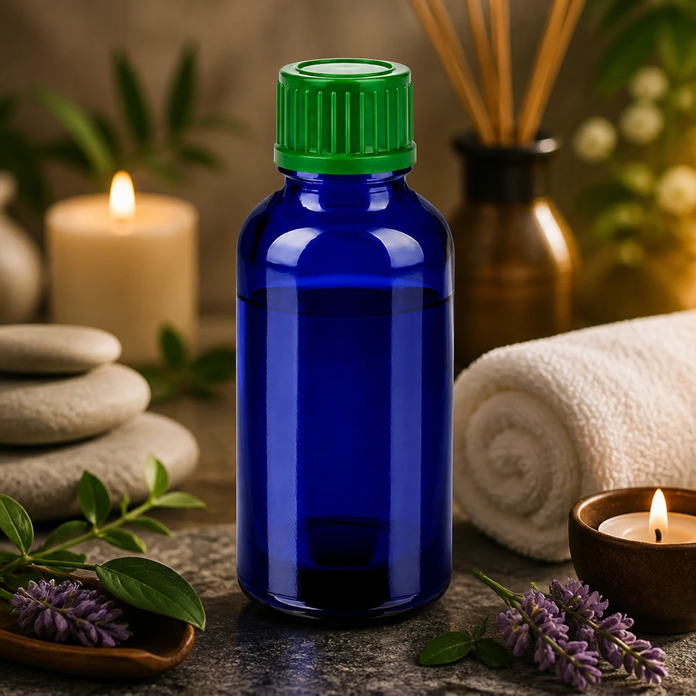 Frasco 30ml 11mm tapón rosca verde estándar BlueLine UT18/30 Elegante botella de cristal azul de 30 ml con tapón verde texturizado para aceites de alta calidad