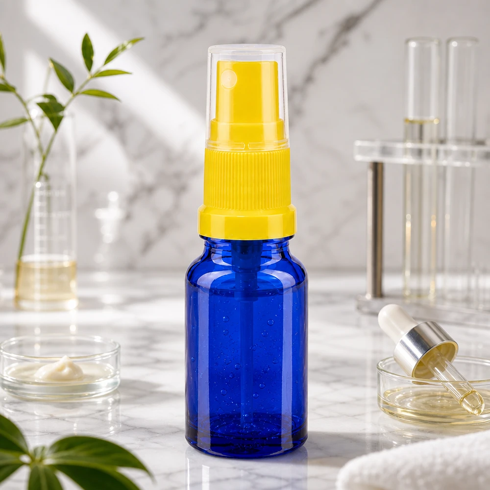 Pulverizador compacto de 10 ml en azul con cabezal amarillo BlueLine UT18 10 para cosméticos