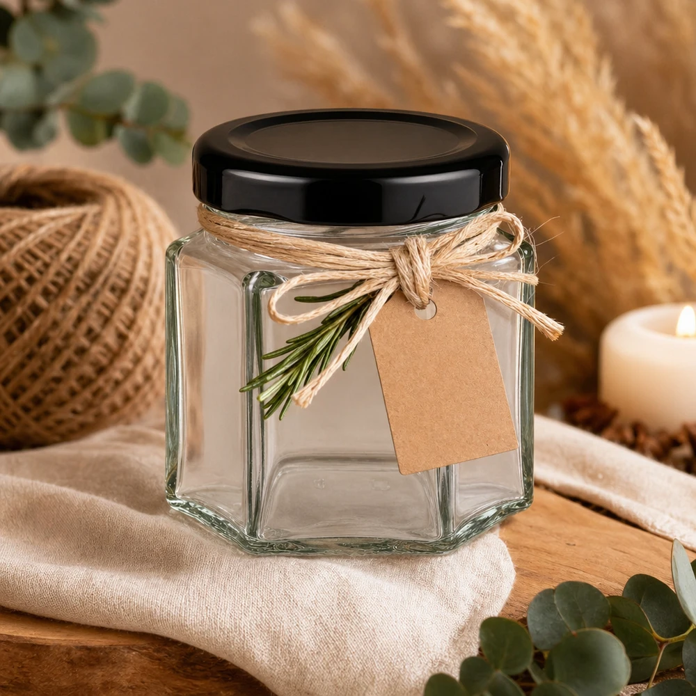 Tarro hexa de 47 ml con tapa negra decorado con cinta de yute y ramita de hierbas como envase de regalo