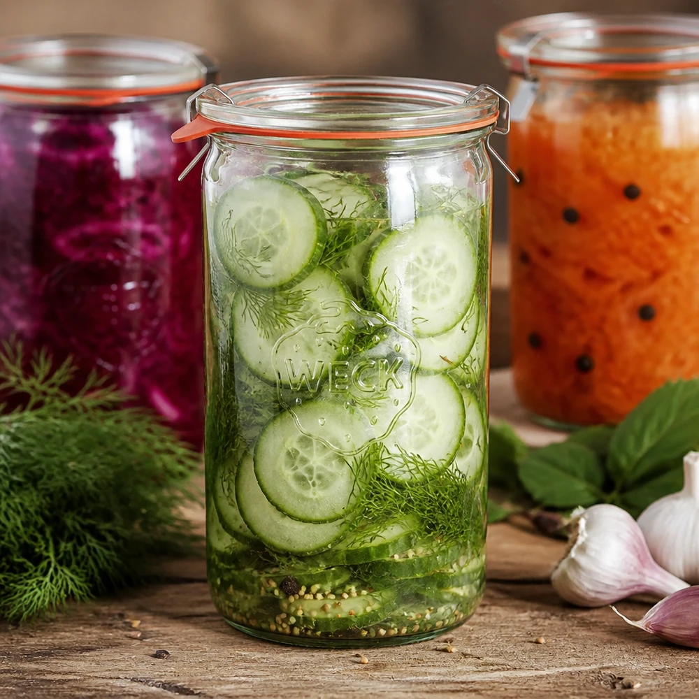 Jarra cilíndrica completa de 1590 ml WECK RR100 WECK tarro cilíndrico 1590ml RR100 con pepino encurtido rodajas eneldo especias vegetales fermentados conservación