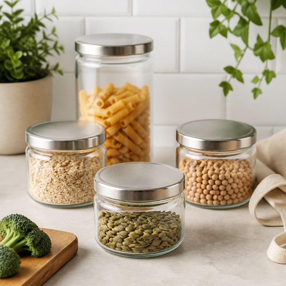 Tarro redondo de 330ml con tapa BasicSeal plata UNiTWIST Tarro redondo de 330 ml con tapa BasicSeal en escena de cocina moderna con pasta lentejas garbanzos semillas de calabaza juego de tarros de almacenamiento
