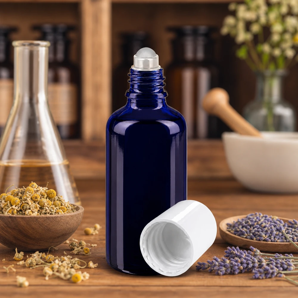 Botella de farmacia azul 50ml tapón roll-on blanco Frasco de farmacia azul de cristal de 50 ml con aplicador de bola y tapón blanco, entre flores de lavanda y manzanilla