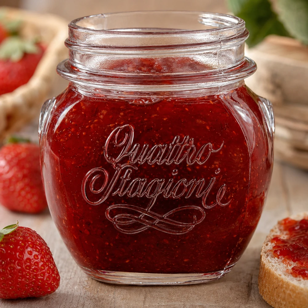 Tarro doméstico Quattro Stagioni de 300 ml lleno de mermelada de fresa junto a fresas frescas y pan sobre una mesa de madera